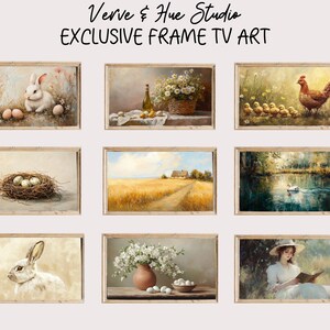 May include: Nine framed art prints with pastoral scenes. The top row features a rabbit with eggs, a still life with flowers, and a hen with chicks. The middle row shows a nest with eggs, a wheat field, and a lake. The bottom row includes a rabbit, a vase of flowers, and a woman reading.