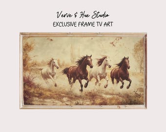 Cornice TV artistica: cavalli selvaggi al galoppo, pittura digitale per arredamento rustico, paesaggio vintage, arte murale naturalistica, arredamento da fattoria