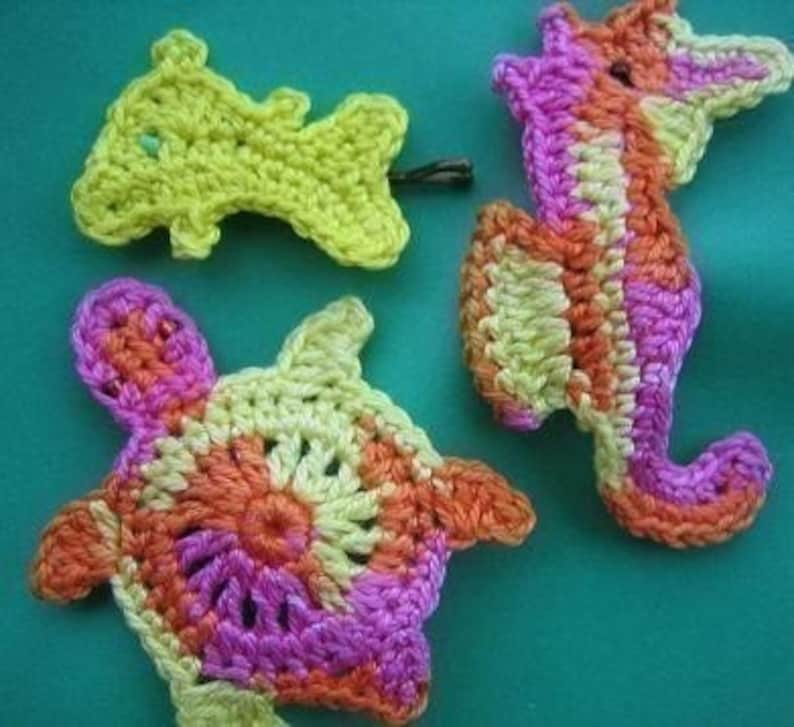 Aussie Beach Hair Accessories crochet patterns fish, seahorse, turtle image 1