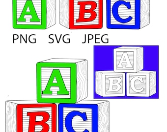 Individual, hand drawn A, B, C, digital download, svg, png, and jpeg, wooden baby blocks in color and white. Not entire alphabet!