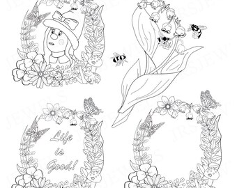 Girl gnome and florals coloring pages. Scalable pdfs, svgs, and jpegs for cutting, clipart, etc... Color in ap or printout hardcopy