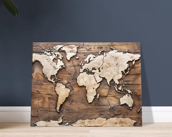 Carved Wood World Map, Rustic Earth Tones Home Decor
