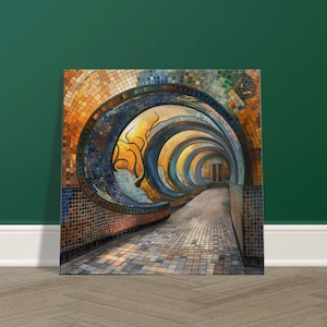 Könnte beinhalten: Ein farbenfroher Mosaik-Tunnel mit einer gewölbten Decke und Wänden. Der Tunnel besteht aus kleinen, quadratischen Fliesen in Blautönen, Grün, Gelb und Orange. Der Tunnel führt zu einem Durchgang am Ende.