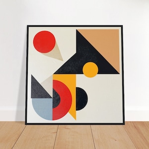 Puede incluir: Impresión de arte geométrico abstracto con un esquema de color negro, blanco, rojo, amarillo y azul. La impresión presenta una variedad de formas, incluyendo círculos, triángulos y cuadrados.