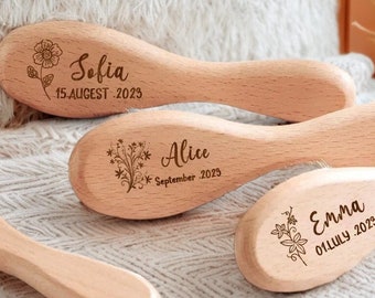 Cepillo de pelo personalizado para bebé con nombre personalizado: cepillo de madera grabado con diseño de flores silvestres, perfecto para regalos de baby shower para recién nacidos