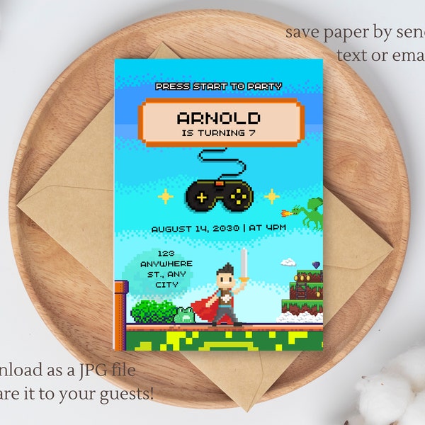 Pixelated Game Themed Birthday Invitation Template, Printable Pixel Art 8bit Birthday Invite, Canva Template, DIGITAL DOWNLOAD