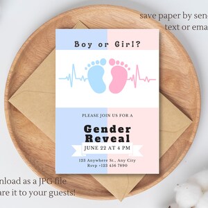Boy or Girl Gender Reveal Footprints Invitation, Printable Gender Reveal Invite Evite, Canva Template, Digital Download
