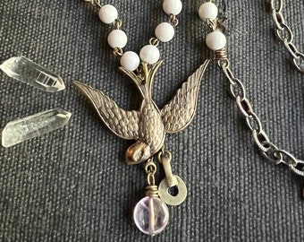 Sparrow BIRD Necklace in Grey with VINTAGE beads and Gemstone AMETHYST, Gypsy Silver