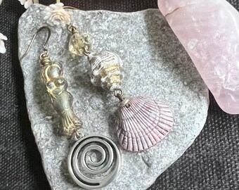 MERMAID Earrings ASYMMETRICAL Beachy SHELL Dangle Earrings with Antique Brass and Czech glass beads