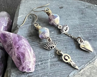 PROTECTION Earrings with GODDESS & Evil EYE Long Dangle Earrings in Purple and Antique Brass