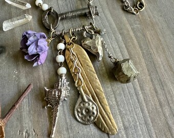 EARTHEN TASSEL Assemblage Necklace with PYRITE Fool's Gold, Vintage, Skeleton Key, Handmade Glass beads, Silver Chain