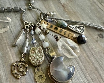 MOON TASSEL Assemblage Necklace with Gemstone Agate Crescent Moon, & OWL, Handmade Glass beads, Vintage Sterling Silver Chain