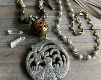 Rising PHOENIX Necklace VINTAGE Stone pendant with vintage & gemstone beads REBIRTH an Strength