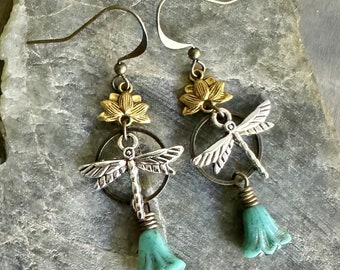 DRAGONFLY LOTUS Dangle Earrings with AQUA Cech glass Flower beads