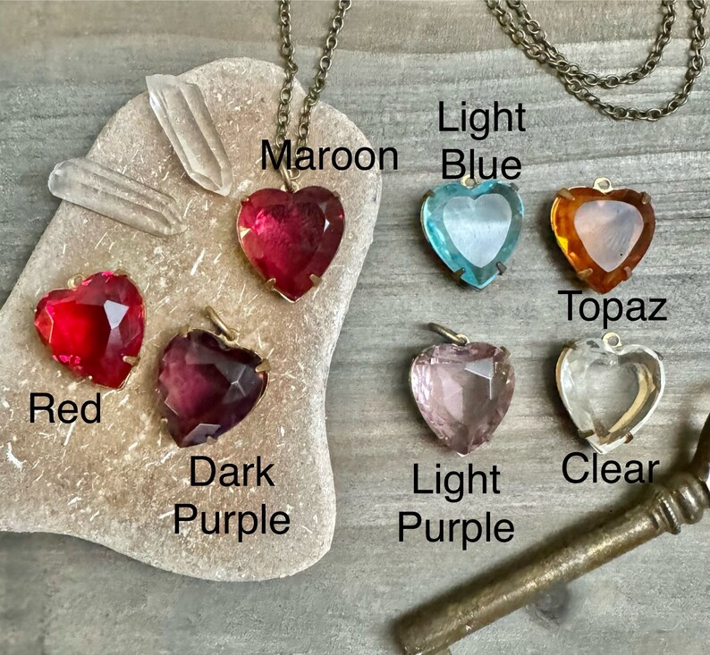 HEART Necklace VINTAGE Glass Heart Red, Purple, Topaz, Blue, Clear LOVE image 2