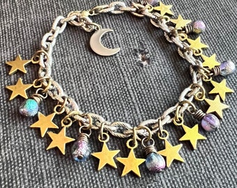 CELESTIAL Charm Bracelet STARS & MOON Antique Silver Vintage chain and Gold with Czech glass beads