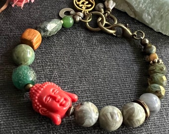 BUDDHA Bracelet ADJUSTABLE Length with VINTAGE beads, Gemstones in Green & Red with Ohm Charm