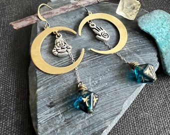 Crescent MOON Earrings Asymmetrical with BUDDHA, HAMSA, Brass & Blue Green Czech Glass beads