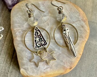 OWL & the STARS Celestial ASYMMETRICAL Earrings with Czech glass beads and Antique Brass Earwires Mismatched Earrings