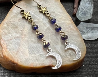 MOON & STARS Earrings LONG Dangle Earrings Czech glass beads and Antique Brass Earwires in Blue