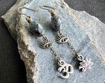 EVIL EYE Earrings with LOTUS, Ohm and Czech glass beads Asymmetrical Mismatched Earrings