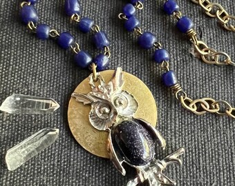 OWL & MOON Necklace in BLUE Vintage, Handmade Glass beads