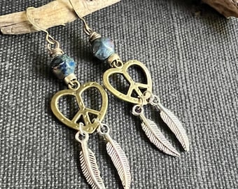 PEACE & Love DREAMCATCHER Earrings Long Dangle Earrings with FEATHERS in Antique Brass