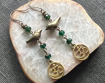 BIRD & OHM Long Dangle Earrings in Emerald GREEN with Czech glass beads and Gold charms