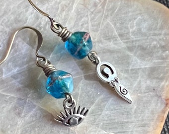 GODDESS & Evil Eye Short Dangle EARRINGS in Aqua BLUE with Czech glass beads and Silver charms for Protection