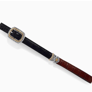 Brighton 90s Black/Brown Marcus Two-Tone Croc Leather Reversible Belt Sz 32 image 1