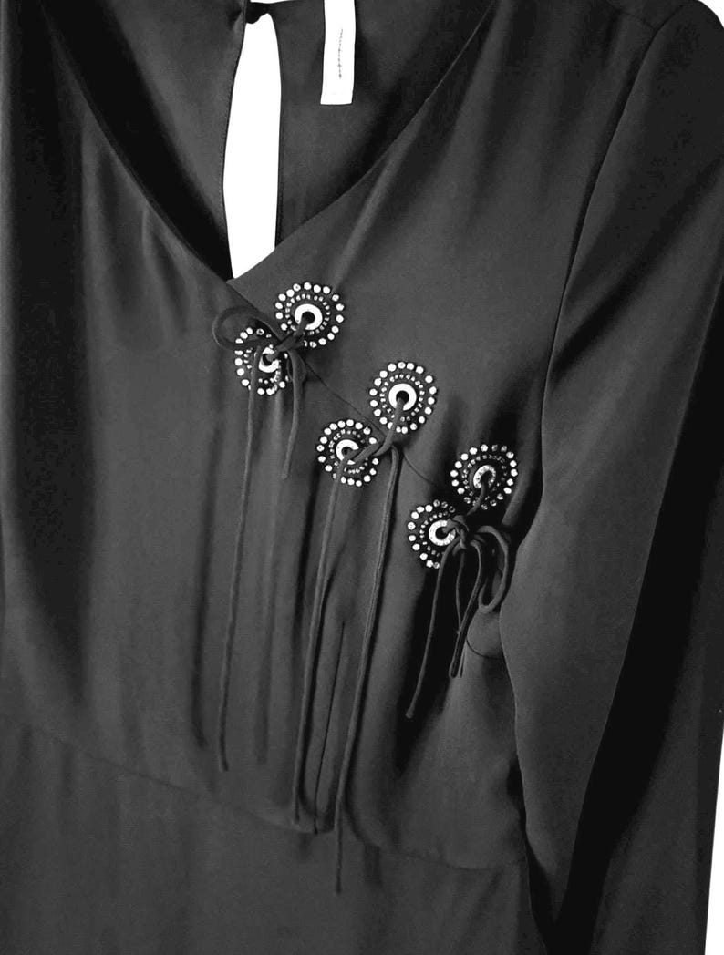FREE PEOPLE Vintage Y2K Black Beaded Rhinestone Long Sleeve Mini Dress Sz 12 NEW image 1