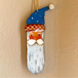 90’s Large 7” Handmade Driftwood Santa Hand Painted Signed Primitive Ornament Christmas