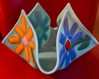 MCM Turquoise OOAK Multicolored Flowers Mod Slumped Glass Vase Bowl NEW