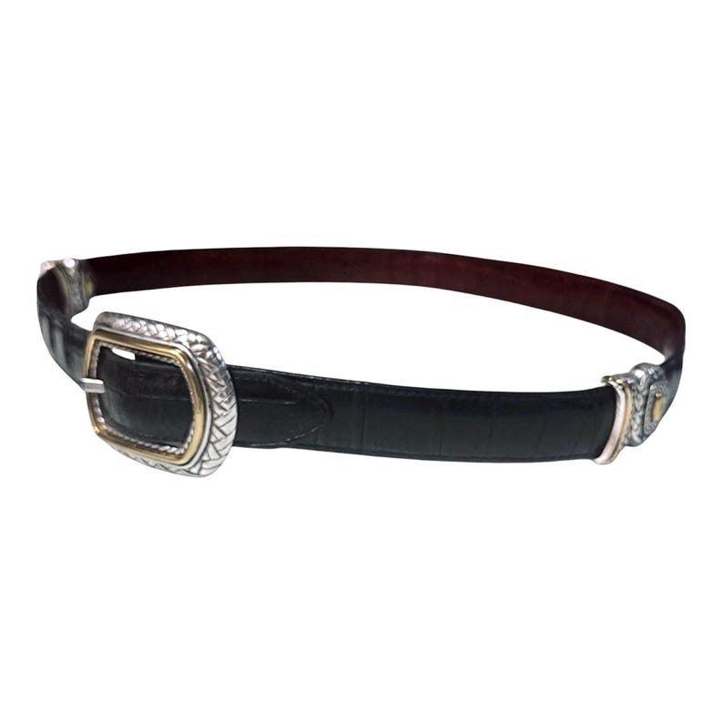 Brighton 90s Black/Brown Marcus Two-Tone Croc Leather Reversible Belt Sz 32 image 2
