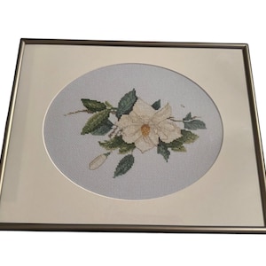 90’s Baby Blue Stitch Needlepoint Magnolia Flower Art Silver Matte Framed 14”
