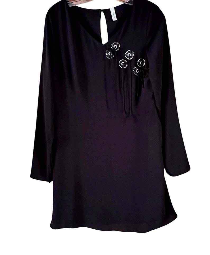 FREE PEOPLE Vintage Y2K Black Beaded Rhinestone Long Sleeve Mini Dress Sz 12 NEW image 2