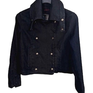 KIKIT Y2K Dark Blue Denim Cropped Peacoat Swing Jean Jacket Sz L