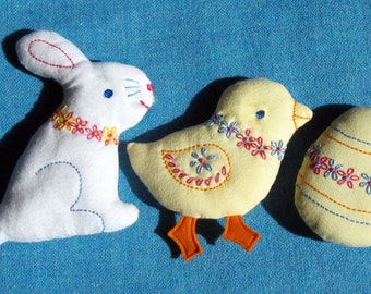 Embroidered Easter Softies EMAIL PDF sewing pattern - Sweet bunny, chick & egg with simple embroidery