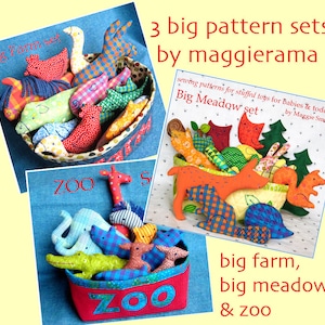 May include: A collage featuring three sets of stuffed toy patterns: Big Farm, Big Meadow, and Zoo. The Big Farm set includes farm animal toys in a basket. The Big Meadow set features woodland creatures. The Zoo set showcases various zoo animals in a red basket.