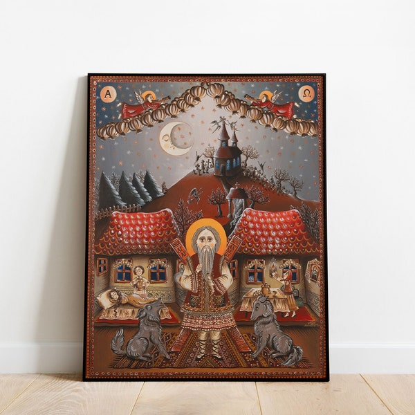 Art print titled "Saint Andrew's Night" by Ana Dragan, Folk Art Print, Folklore Painting of Balkan Traditions, Naive Painting, Giclée Print