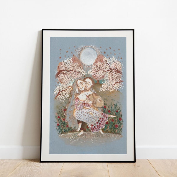 Art print titled "In Bloom" by Ana Dragan, Folk Art Print, Giclée Print, Blue Wall Art, Dreamy Print, Fairytale Print, Lovers Print