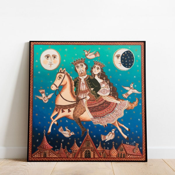 Art print titled "Fly Me To The Moon" by Ana Dragan, Folk Art Print, Cute Wall Art, Folktale Illustration, Nursery Print, Fairytale Art
