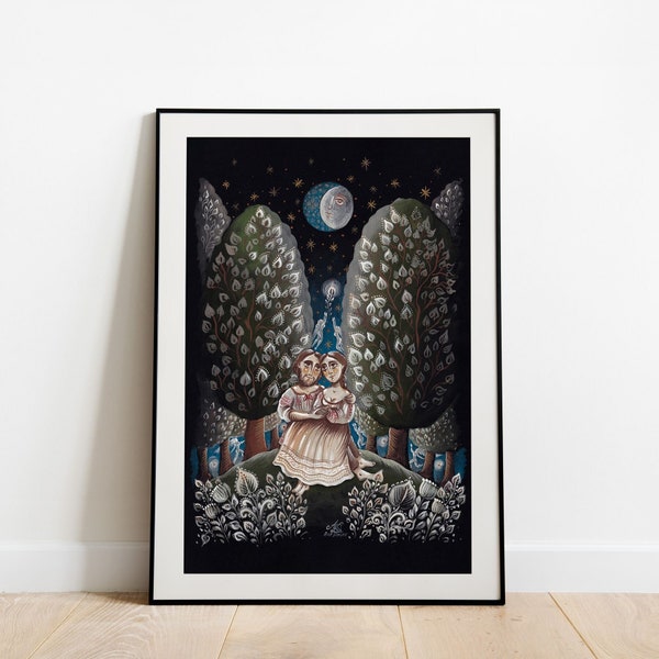 Art print titled "Away From the World" by Ana Dragan, Folk Art Print, Giclée Print, Dark Wall Art, Dreamy Print, Fairytale Print, Love Print