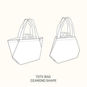 May include: Line drawing of a tote bag with a diamond shape. The bag has two handles and a flat bottom. The bag is shown in two views, one from the front and one from the side.