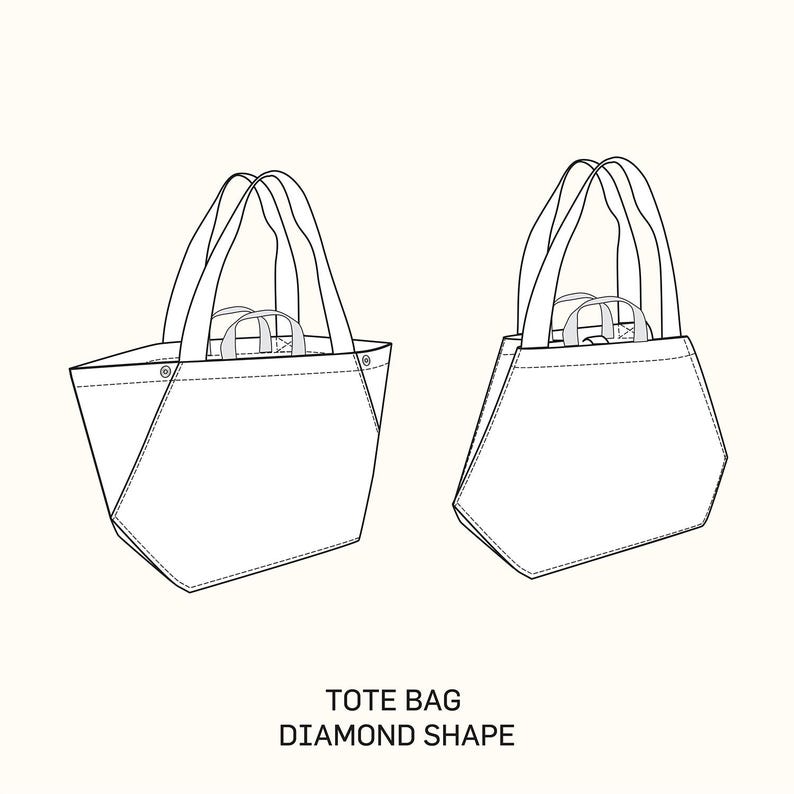 May include: Line drawing of a tote bag with a diamond shape. The bag has two handles and a flat bottom. The bag is shown in two views, one from the front and one from the side.