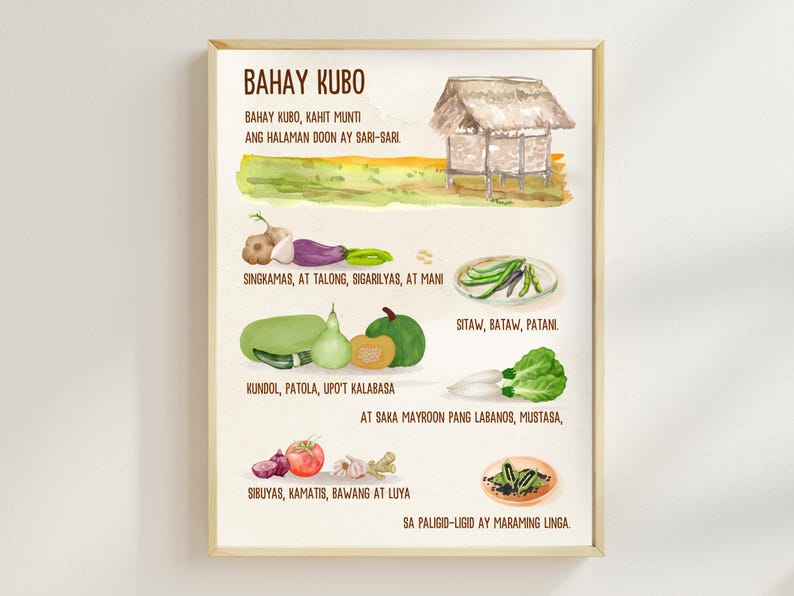 K&ouml;nnte beinhalten: Eine Aquarellillustration eines traditionellen philippinischen Bahay-Kubo-Hauses mit einer Liste von Gem&uuml;se und Kr&auml;utern, die auf den Philippinen wachsen. Der Text lautet "Bahay Kubo, kahit munti ang halaman doon ay sari-sari." was &uuml;bersetzt "Das bescheidene Bahay Kubo, obwohl klein, hat eine Vielzahl von Pflanzen." bedeutet.
