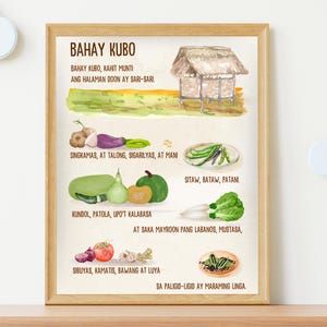 K&ouml;nnte beinhalten: Eine Aquarell-Illustration eines traditionellen philippinischen Hauses, das Bahay Kubo genannt wird, umgeben von verschiedenen Gem&uuml;se- und Kr&auml;utersorten. Der Text lautet "Bahay Kubo, Kahit Munti Ang Halaman Doon Ay Sari-Sari" und listet die Namen der Pflanzen in Tagalog auf.