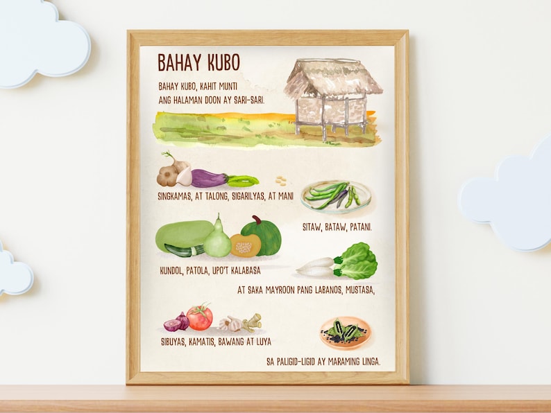 K&ouml;nnte beinhalten: Eine Aquarell-Illustration eines traditionellen philippinischen Hauses, das Bahay Kubo genannt wird, umgeben von verschiedenen Gem&uuml;se- und Kr&auml;utersorten. Der Text lautet "Bahay Kubo, Kahit Munti Ang Halaman Doon Ay Sari-Sari" und listet die Namen der Pflanzen in Tagalog auf.