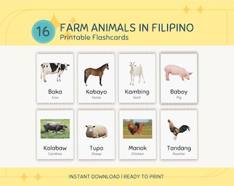 Schede didattiche stampabili sugli animali della fattoria filippina per bambini e neonati, schede didattiche digitali per la scuola materna, Montessori, istruzione parentale