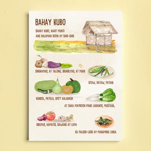 K&ouml;nnte beinhalten: Eine Aquarell-Illustration eines traditionellen philippinischen Hauses namens "Bahay Kubo" mit einer Liste von Gem&uuml;se und Kr&auml;utern, die auf den Philippinen &uuml;blicherweise angebaut werden. Der Text lautet "Bahay Kubo, kahit munti ang halaman doon ay sari-sari", was &uuml;bersetzt "Das bescheidene Bahay Kubo, obwohl klein, hat eine Vielzahl von Pflanzen" bedeutet.